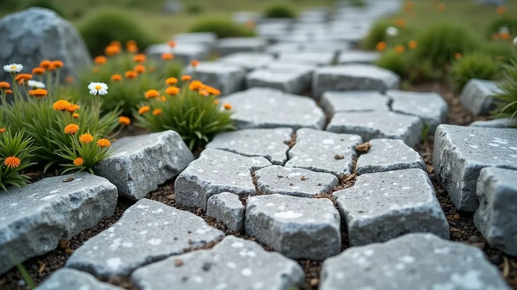 Close-up of grey limestone pavement with deep fissures and small wildflowers growing between the rocks, natural daylight showing texture detail