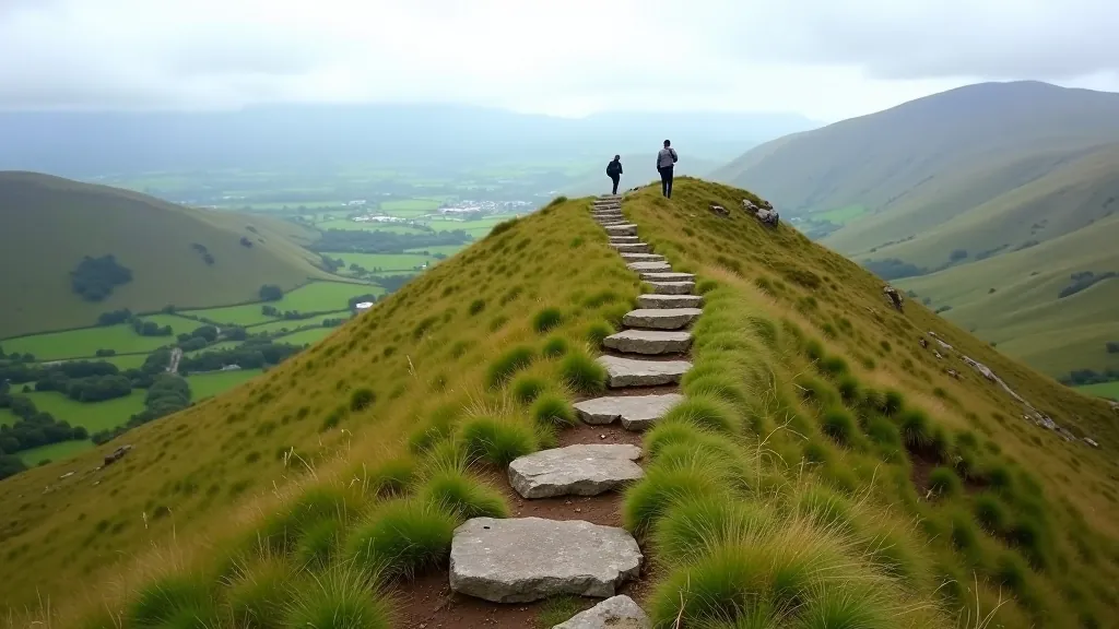 Hiking trail ascending through natural landscape with mountain views in distance