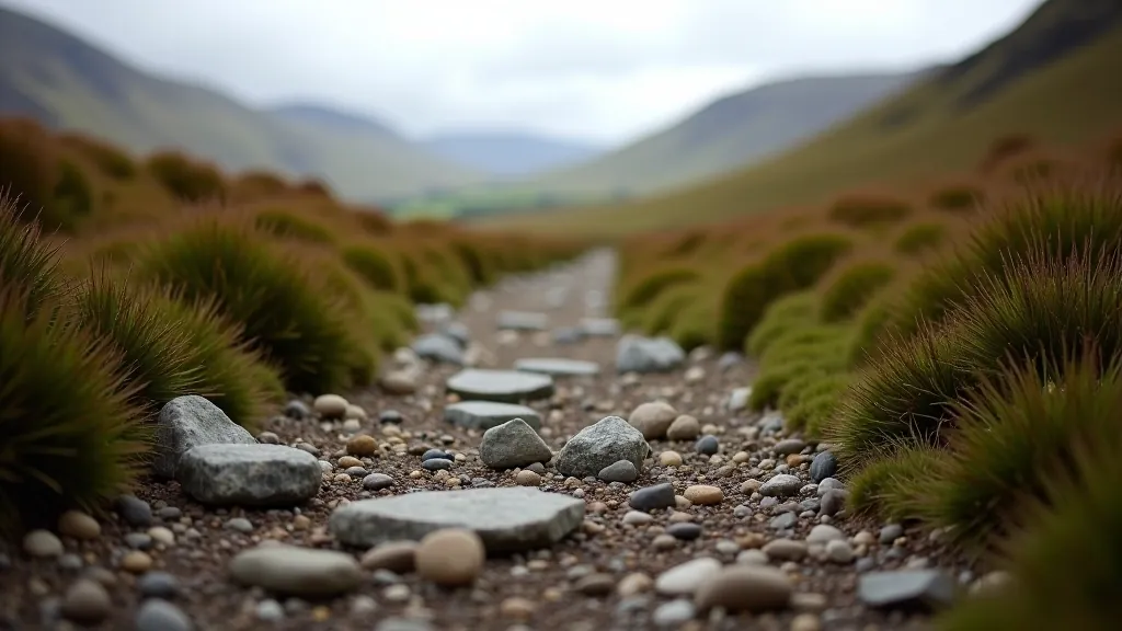 Close-up of mountain terrain showing compacted earth path with scattered stones and mountain vegetation