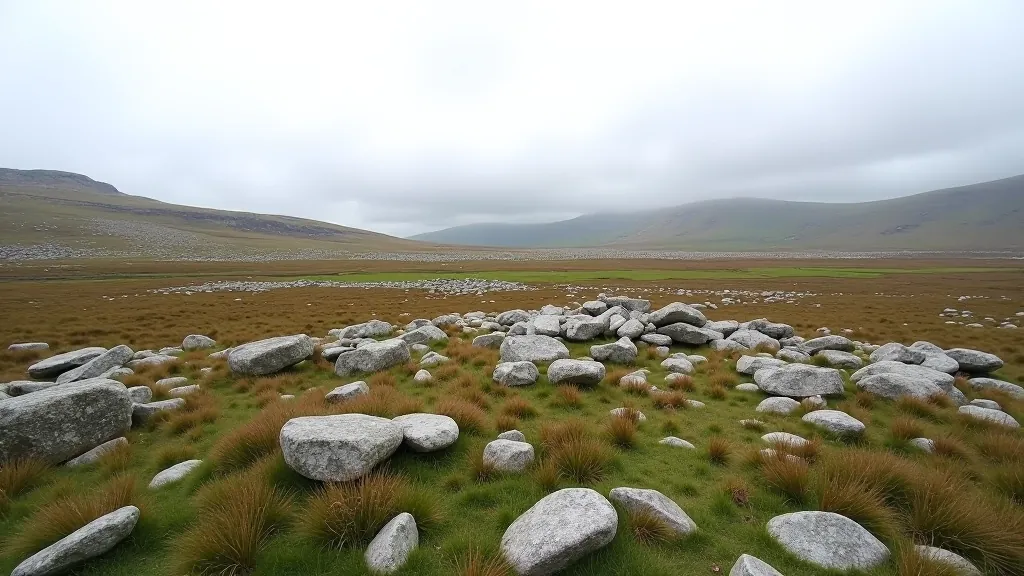 Wide view of limestone pavement landscape extending toward horizon with scattered low vegetation and stone walls in distance, grey overcast sky