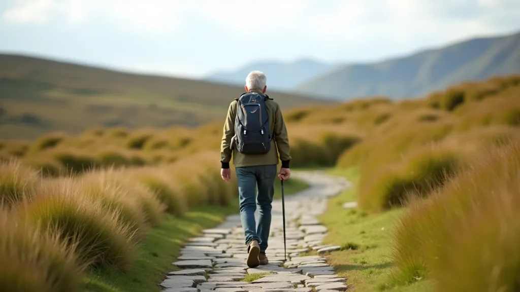 Hiker in casual outdoor clothing walking on stone path through Burren landscape, portrait from behind, daylight, natural setting