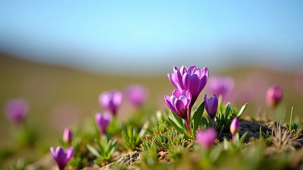 Vibrant spring wildflowers in purple, pink, and white blooming across limestone terrain with low green vegetation, bright sunny day
