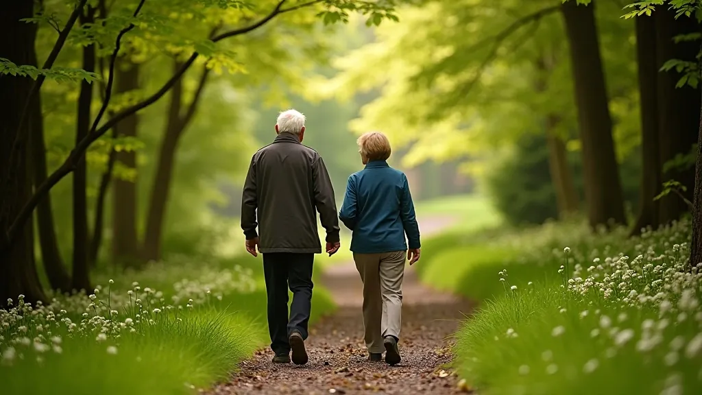 Two older adults walking on woodland path, outdoor gear, natural setting