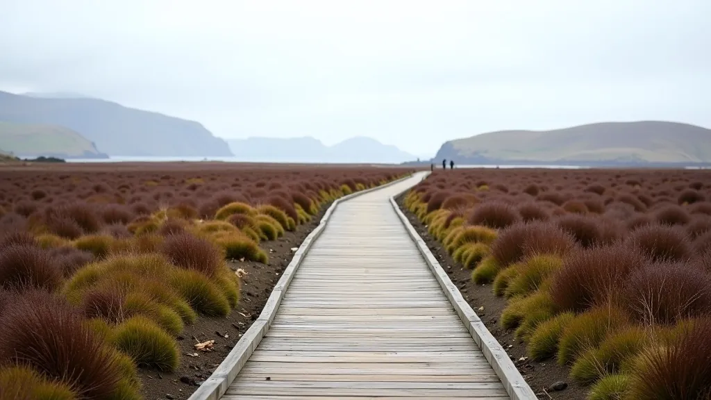 Wooden boardwalk pathway stretching through protected bogland with low vegetation on either side